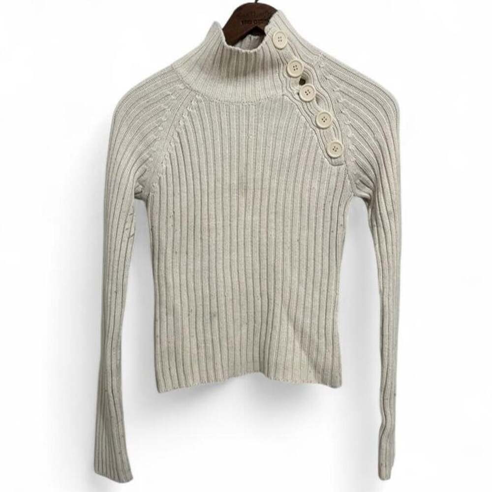 One Step Up Cream Ribbed Turtleneck Sweater Medium Asymmetrical Buttons